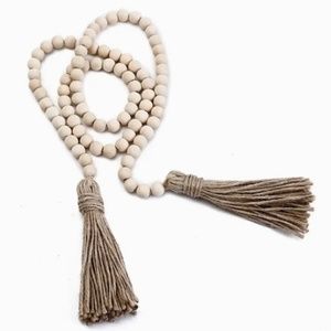 58" Farmhouse Beads Wood Bead Garland With Tassels, Tiered Tray Decor, Boho Chic
